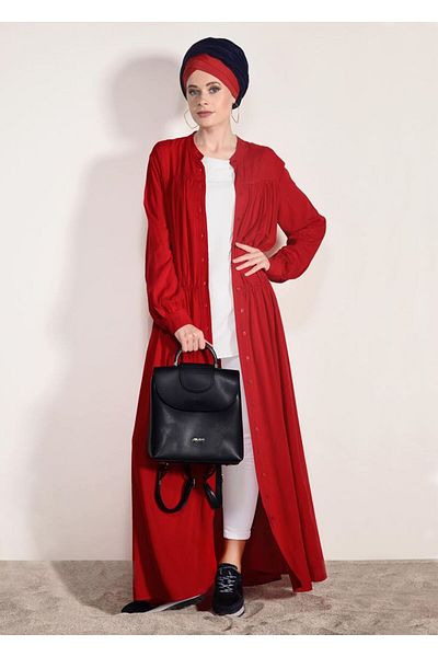 TRENDTESETTÜR Women's Red Button Detailed Long Tunic 54032