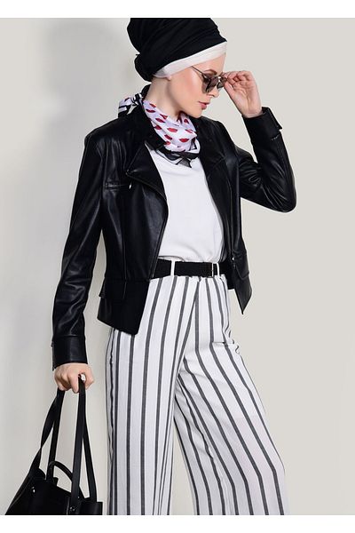TRENDTESETTÜR Women's Black Striped Belted Trousers 0796