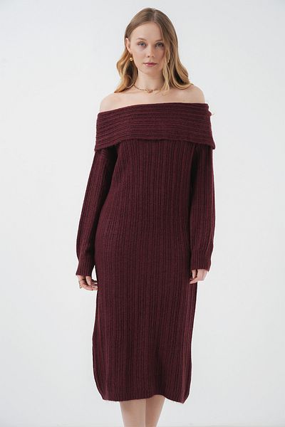 Bigdart 15920 Madonna Collar Oversize Pletené šaty - Claret Red