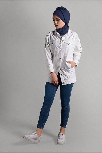 TRENDTESETTÜR Women's Navy Blue (Indigo) Pearl Detailed Denim Trousers 8309