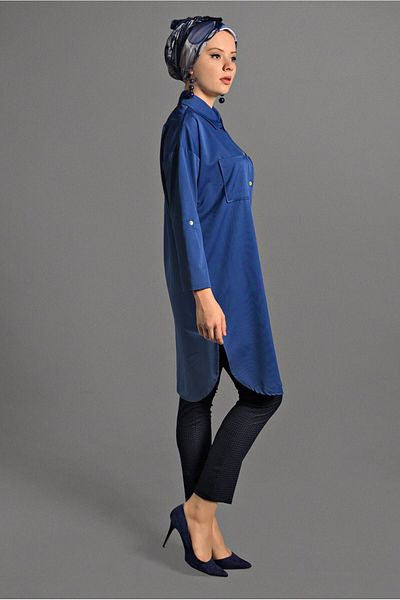 TRENDTESETTÜR Women's Navy Blue (NDIGO) Front Buttoned Men's Collar Pocket Tunic T 65102