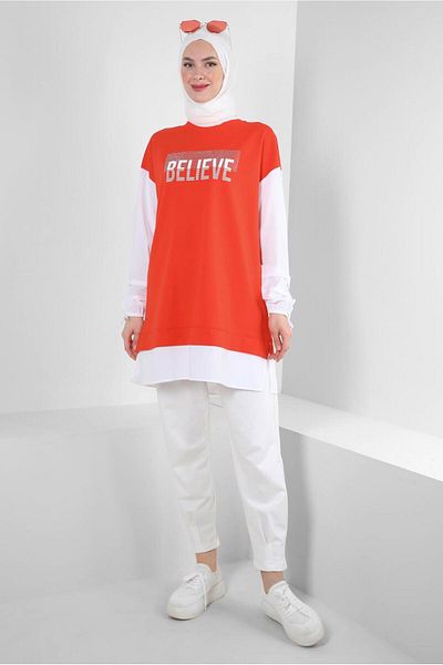 Alvina 43664 Model Text Printed and Garnished Tracksuit Tunic