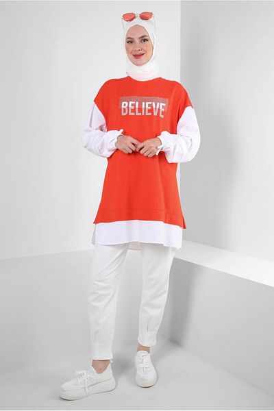 Alvina 43664 Model Text Printed and Garnished Tracksuit Tunic