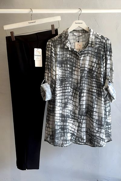 Hanezza Plus Size Stylish Patterned Satin Crepe Shirt - Black White/Brown