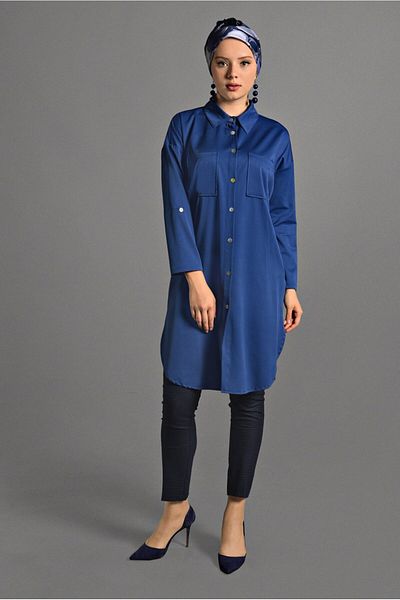 TRENDTESETTÜR Women's Navy Blue (NDIGO) Front Buttoned Men's Collar Pocket Tunic T 65102