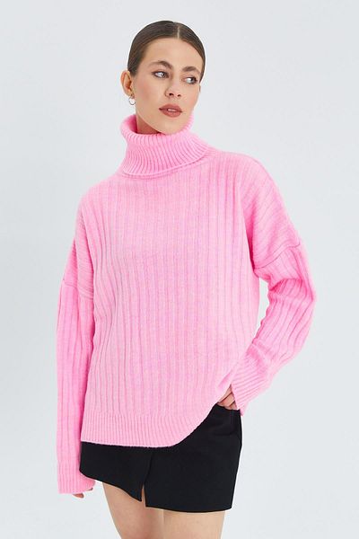 Mixray 6928 Ribbed Turtleneck Pink Knitwear Women's Sweater