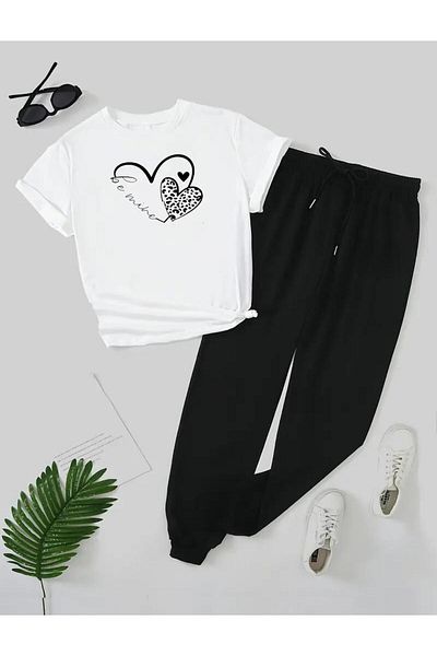 caddekombin Be Minhe Printed γυναικείο μπλουζάκι και Joggers Σετ φούτερ - Στρογγυλή λαιμόκοψη, Άνετη Εφαρμογή, Λευκό