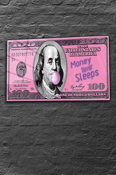 z zizuph Pembe Money Never Sleeps Desen, 4 mm Temperli Kırılmaz Cam Tablo