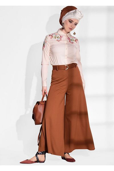 TRENDTESETTÜR Tan Belted Loose Fit Γυναικείο Παντελόνι - 068
