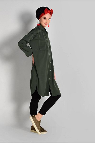 TRENDTESETTÜR Women's Khaki (K.HAKI) Front Buttoned Men's Collar Pocket Tunic T 65102