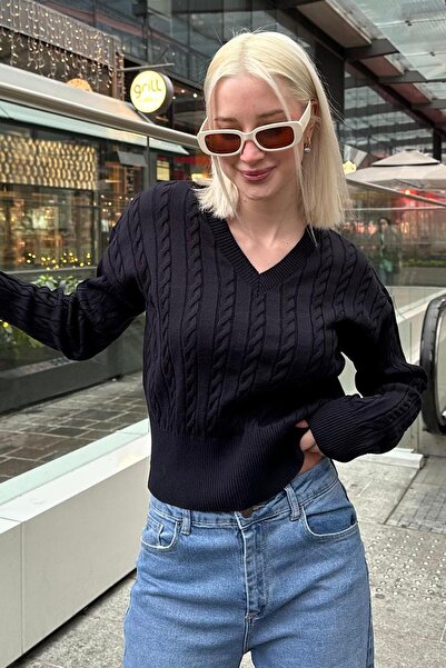 Madmext Navy Blue V-Neck Braided Knitwear Women's Sweater Mg2258