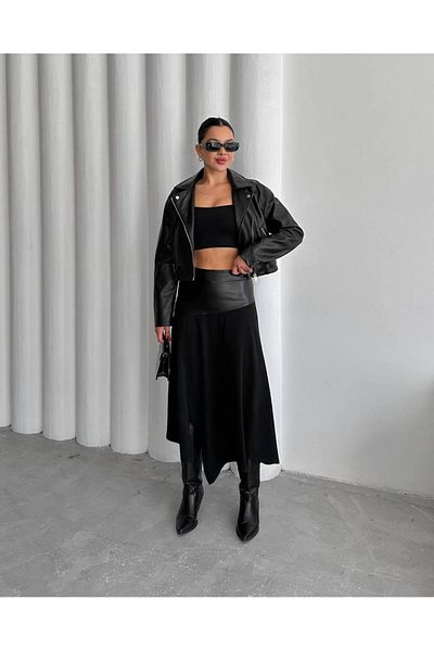 Luq High Waist Leather Detail Garnished Slit Skirt