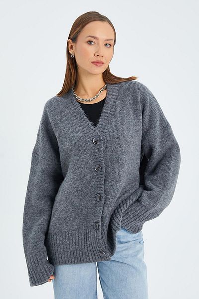 Mixray 6927 Women's Basic Knitwear Cardigan - Soft Textured, Anthracite