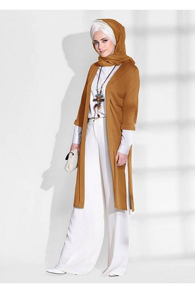 TRENDTESETTÜR Women's Orange (ORANGE) Cardigan with Side Slit Detail 124