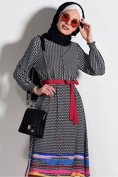 TRENDTESETTÜR Women's Black (BLACK-FUFFY) T 0285 Polka Dot Long Tunic