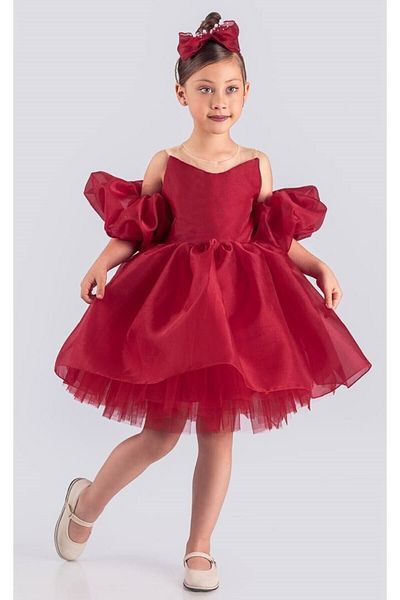 ABİYEKİDS Red Balloon Sleeve Style Evening Dress - Girl's Aby158
