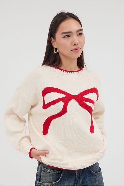 Addax Crew Neck Bow Patterned Knitwear Sweater K3432-A1