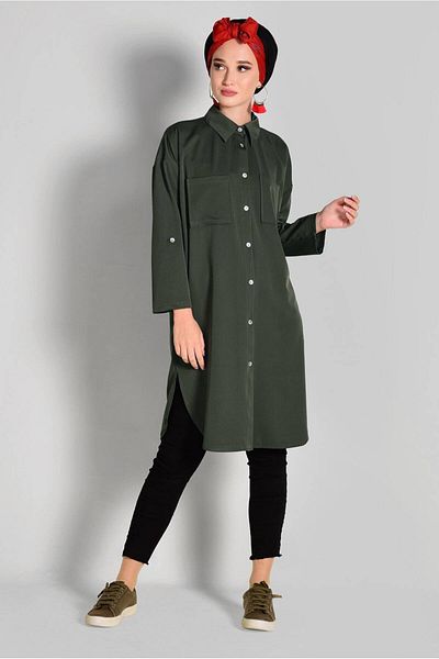 TRENDTESETTÜR Women's Khaki (K.HAKI) Front Buttoned Men's Collar Pocket Tunic T 65102