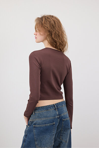 Addax Bisiklet Yaka Basic Crop Bluz B15385-W8