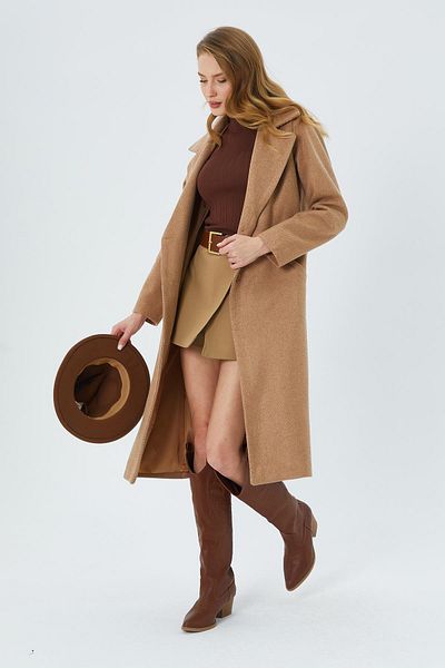 Mixray 4609 Μοντέλο Camel Herringbone μοτίβο μακρύ γυναικείο παλτό