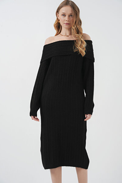 Bigdart 15920 Madonna Yaka Oversize Triko Elbise - Siyah