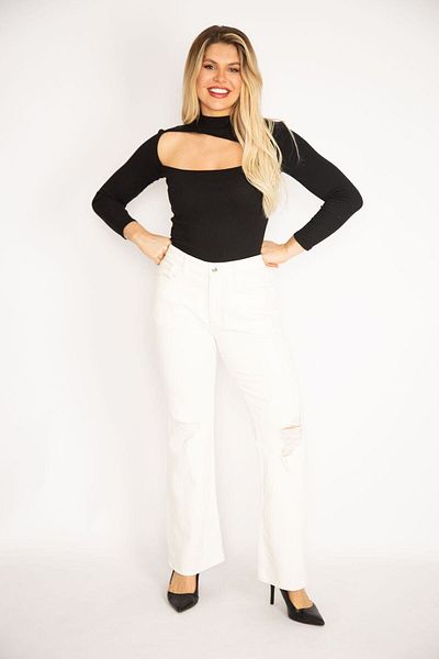 Şans Women's Large Size Bone Relaxed Cut Ripped Detailed Lycra 5 Pocket Jeans 65n35267