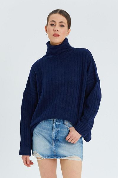 Mixray 6928 Model Ribbed Navy Blue Turtleneck Women's Knitwear Sweater