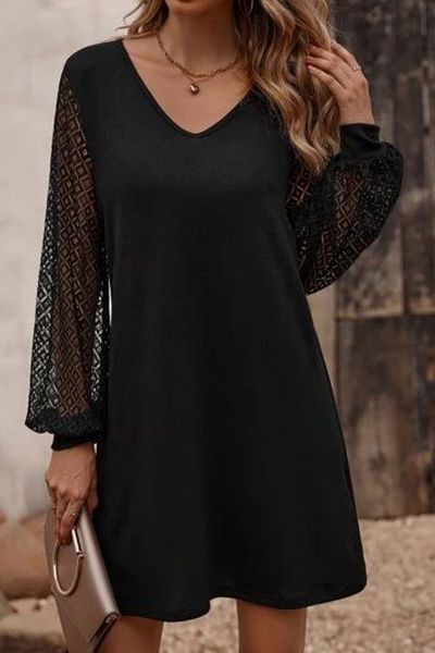 JANES New Season Women's Long Sleeve Ruched V-Neck Short Imported Crepe Dress