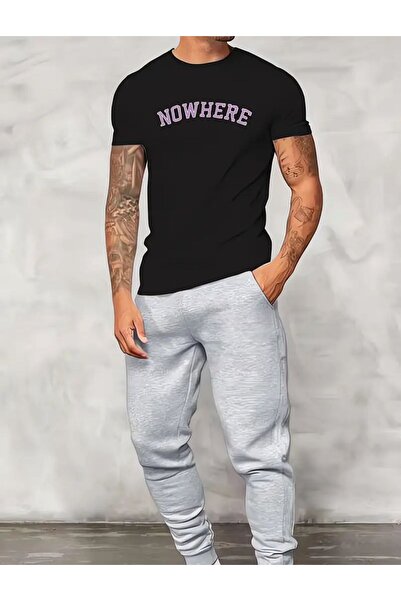 caddekombin Ανδρικό Σετ Φόρμας Μαύρο Jogger - Μπλουζάκι με στάμπα Nowhere & Ά...