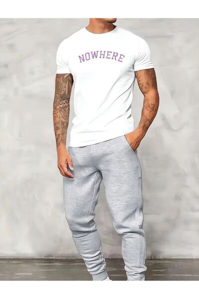 caddekombin Ανδρικό σετ αθλητικής φόρμας Jogger σε λευκό χρώμα - Μπλουζάκι με...