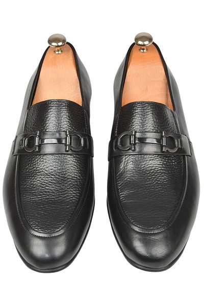 Rizz up Men's Black Buckle Classic Orthopedic Light Sole Genuine Leather Casual Shoes Loafer 2509976