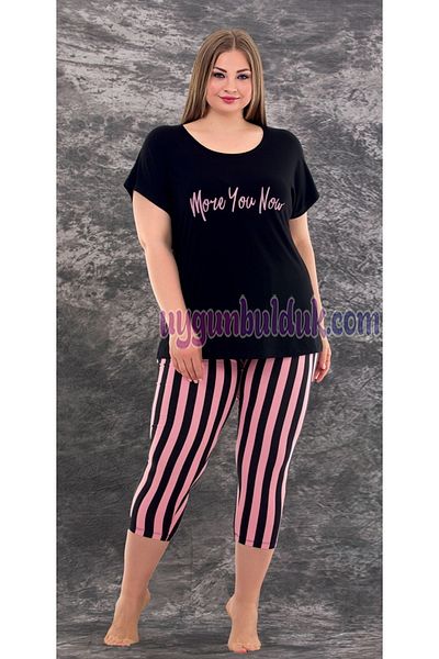 quilling Black Color and Striped 10587 Women's Battal Big Size Leggings Capri Mother Pajamas Set
