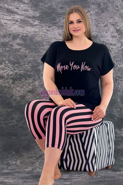 quilling Black Color and Striped 10587 Women's Battal Big Size Leggings Capri Mother Pajamas Set