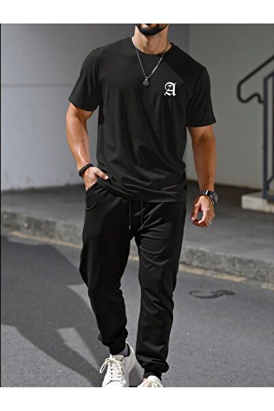caddekombin Men's Black Jogger Tracksuit Set - a Chest Printed T-Shirt and Sw...
