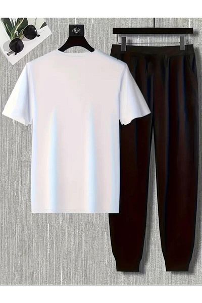 caddekombin Ανδρικό σετ αθλητικών Joggers - Μπλουζάκι με στάμπα Hng και άνετη λευκή φούτερ