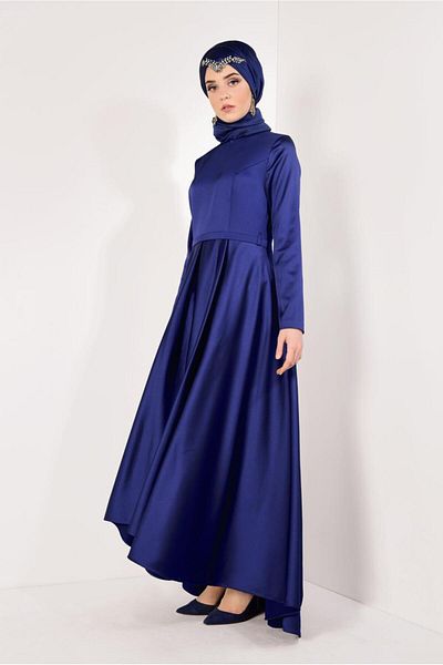 TRENDTESETTÜR Γυναικείο βραδινό φόρεμα Navy Blue Asymmetric Cut Satin T 8352
