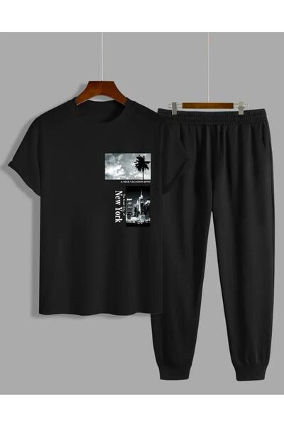 caddekombin Erkek A Nice Baskılı T-shirt Eşofman Altı Jogger Rahat Kalıp Siyah Eşofman Takım New Model