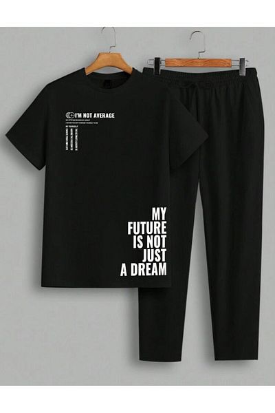 caddekombin Ανδρικά - My Future Is Not Just Printed Μαύρο μπλουζάκι Jogger και Σετ φούτερ