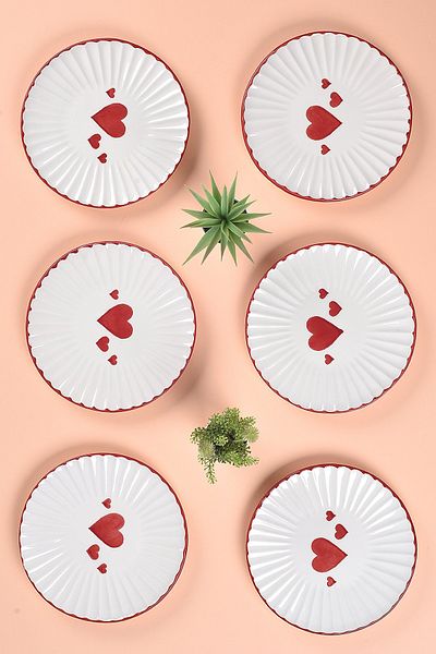 ŞURA MUTFAK Love Series 6 Pieces Cake Plate Set - 21cm Heart Pattern