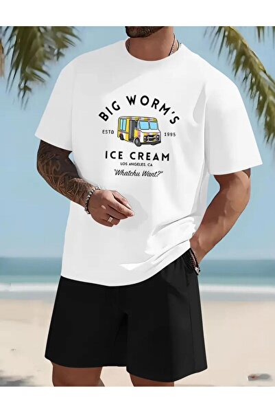 caddekombin Ανδρικό μπλουζάκι Ice Cream με τύπωμα - Άνετο Μαύρο και Λευκό Σετ...