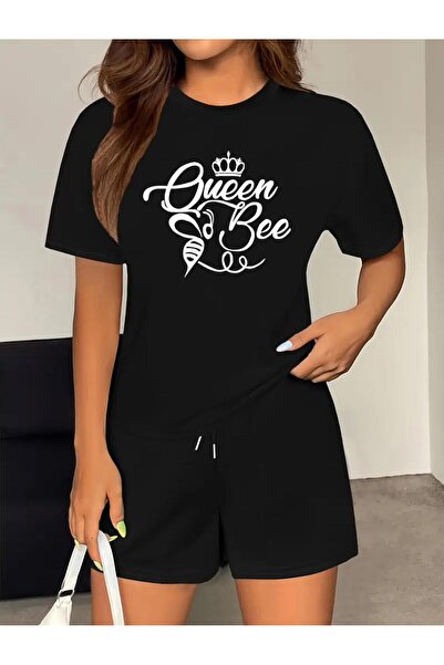 caddekombin Women's Qeen Printed T-Shirt Short Wide Leg Comfortable Fit Black...