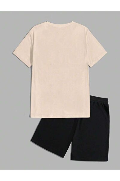 caddekombin Amsterdam Palmiye  Baskılı T-shirt Short Bol Paça Rahat Kalıp Siyah Alt Bej Üst Short Takım