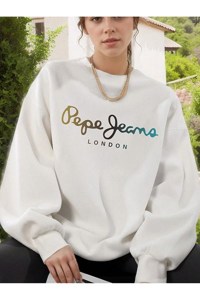 PALPİTO Hanorac oversize cu gât crew cu imprimeu Pepe London alb pentru femei