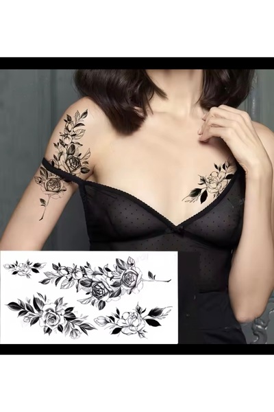 HelloBeautiful Tatto Su Geçirmez Geçici Dövme Boyut 20,5* 9,5 Cm Siyahlı Güller