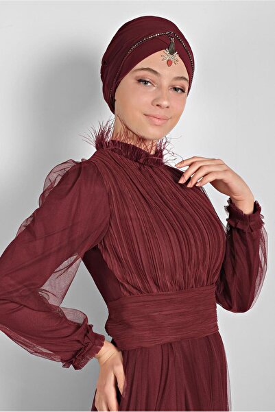TRENDTESETTÜR KADIN BORDO TÜLLÜ DRAPELİ ABİYE ELBİSE 5910