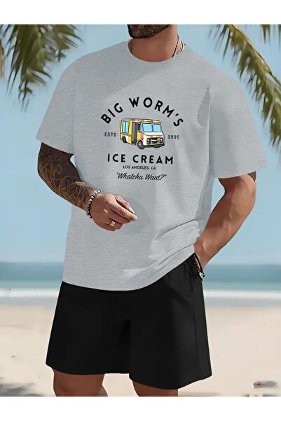 caddekombin تي شيرت رجالي مطبوع عليه آيس كريم - بدلة قصيرة مريحة باللونين الأ...