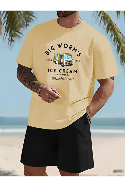 caddekombin Ανδρικό κοντό σετ σε μαύρο μπεζ χρώμα - T-shirt Ice Cream με τύπω...