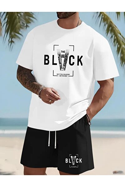 caddekombin Ανδρικό κοντό σετ - Μαύρο μπλουζάκι με τύπωμα τεμαχίων, άνετο και...