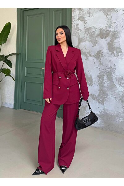 SUXİRCNHTMTS Kadın Gül Kemer Detaylı Palazzo Takım Elbise