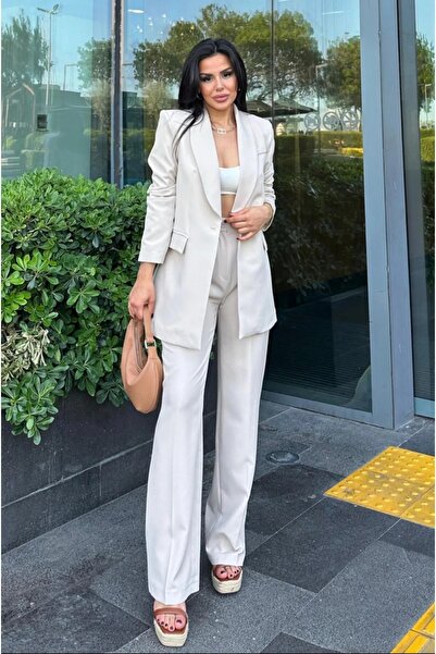 SUXİRCNHTMTS Γυναικείο Σετ Παντελόνι Palazzo Μπουφάν με ένα Κουμπί